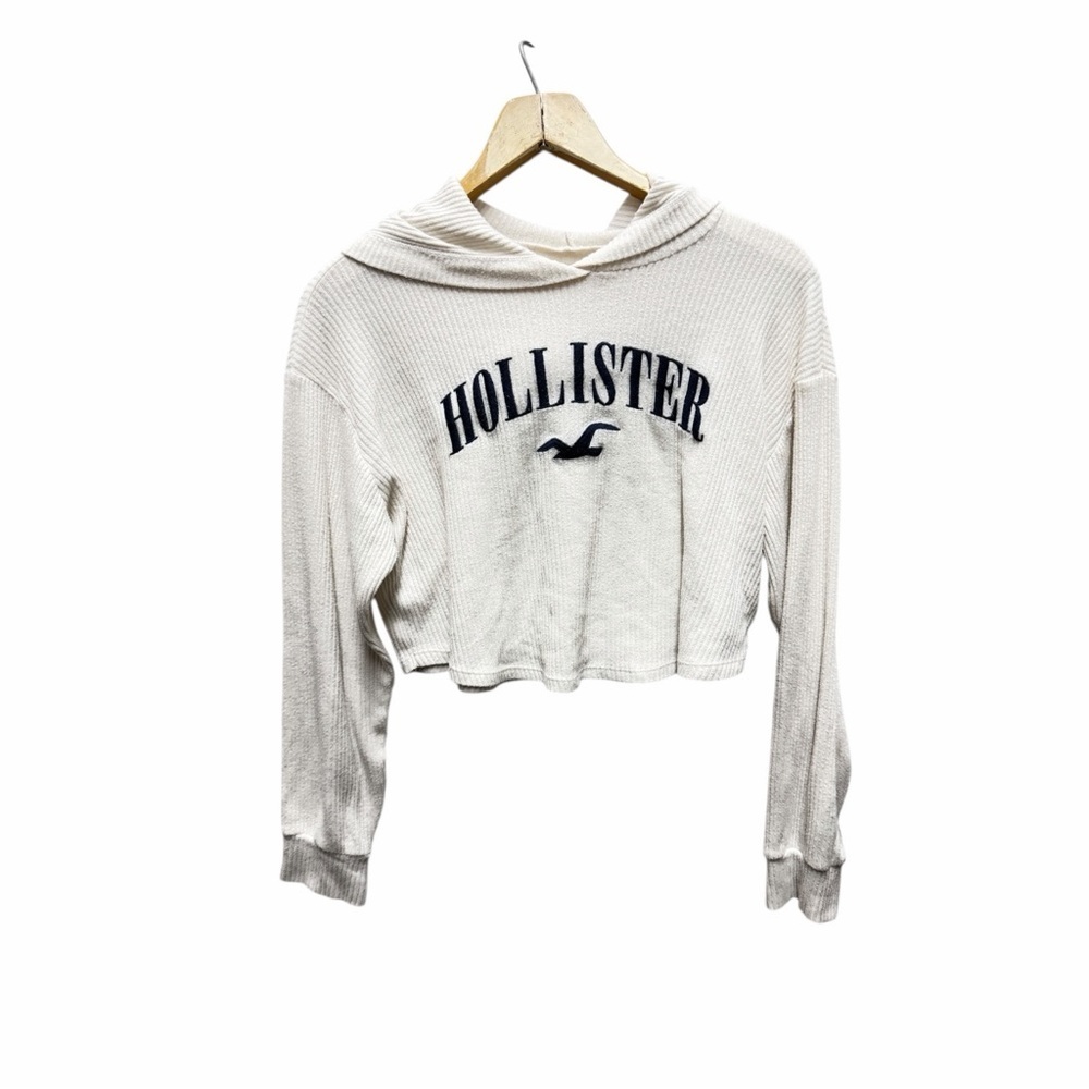 Hollister Cream Crop Top with Navy Logo XS hooded